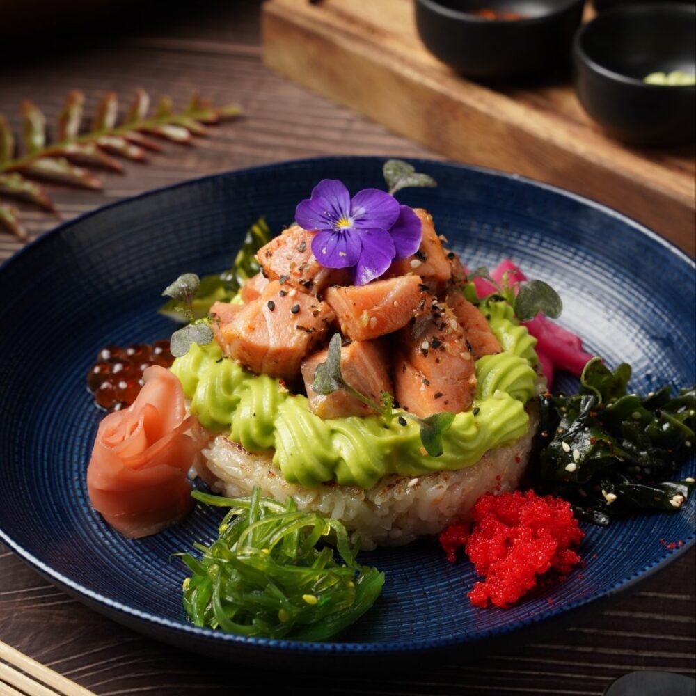 Aburi Salmon Salad with Crispy Sushi Rice