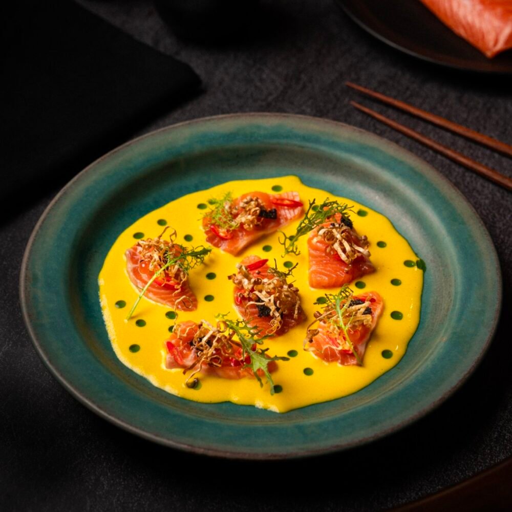 Nikkei Salmon Crudo with Passion Fruit,Coconut & Crispy Shiroita Kombu