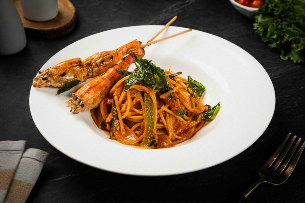 Grilled Prawn Red Curry Pasta